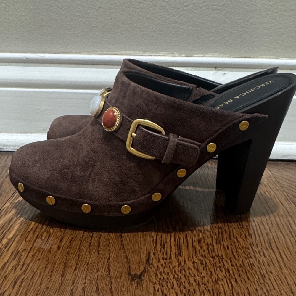 Veronica Beard Giana Charms Espresso Brown Suede Platform Clogs Mules 6 - Picture 5 of 11